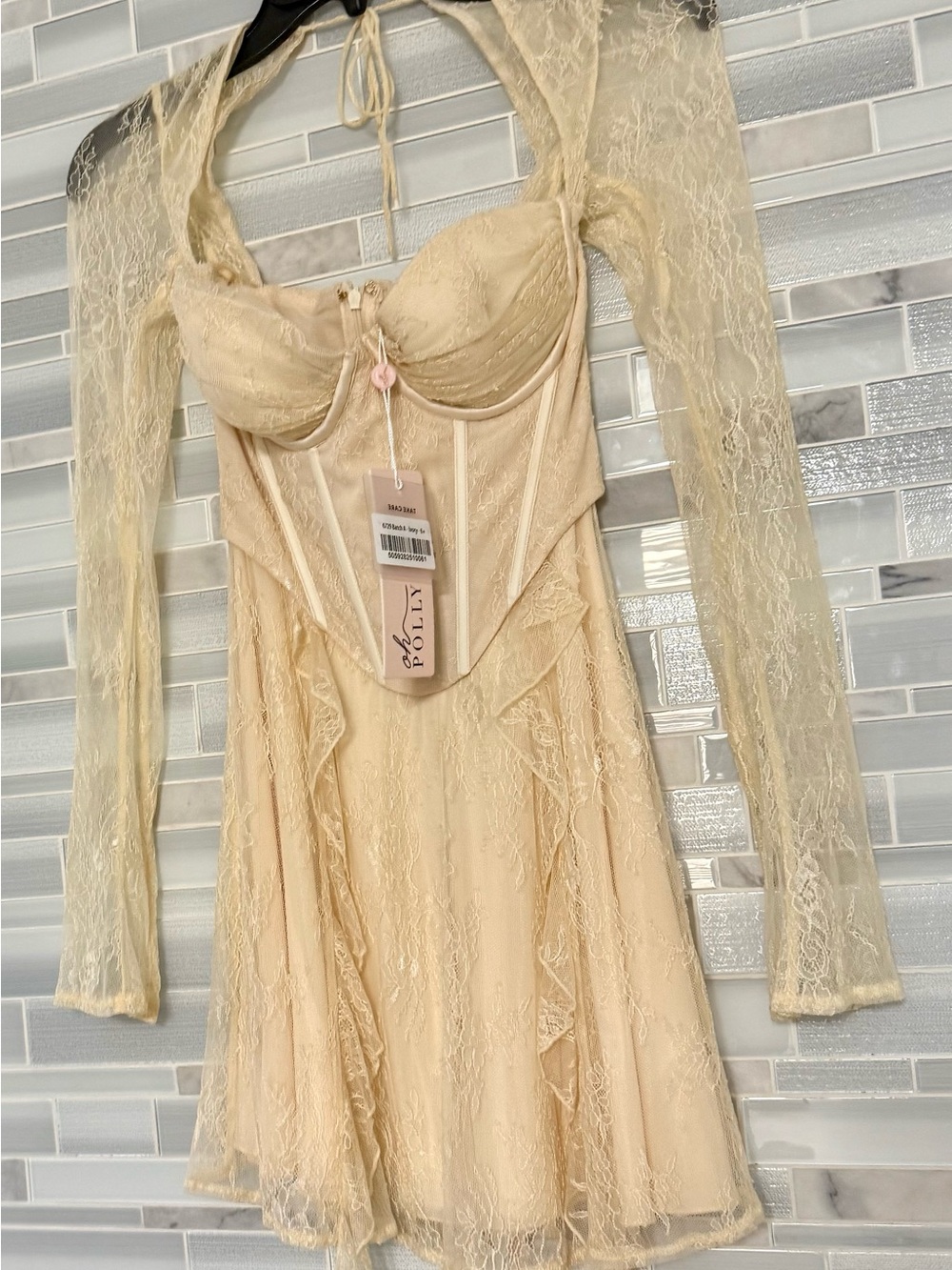 Oh Polly Cream Lace Corset Mini Dress with Long Sleeves